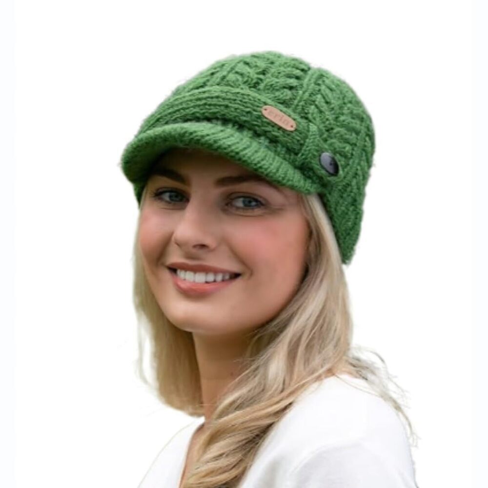 2647 Green Cable Knit Wool Peak Cap, One Size